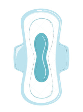 Illustration of a sanitary pad with wings and a blue absorbent core, designed for feminine hygiene and menstrual protection.