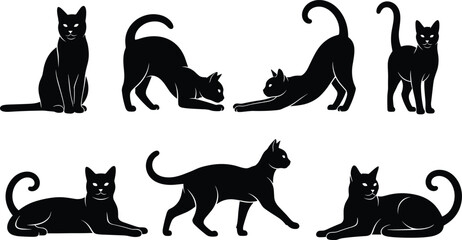Black cat silhouette collection featuring various feline poses including stretching walking sitting and lying down isolated on white background. © Sabbir's World