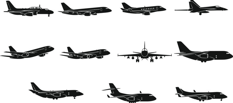 Black airplane silhouette set featuring various commercial jets, private planes, and military aircraft isolated on white background for aviation design.