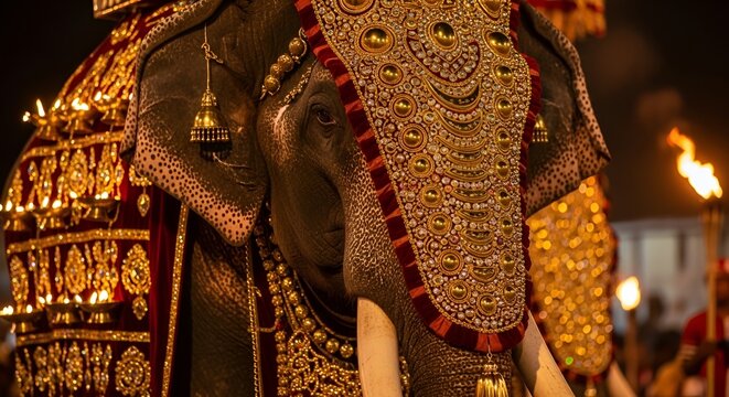 Close-up of adorned Tusker elephant participating in Sri Lankan Kandy Esala Perahera festival