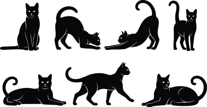 Black cat silhouette collection featuring various feline poses including stretching walking sitting and lying down isolated on white background.