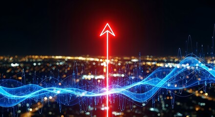 Naklejka premium Red glowing arrow pointing up over blue digital data wave and blurred night city lights for stock market success and financial growth concept