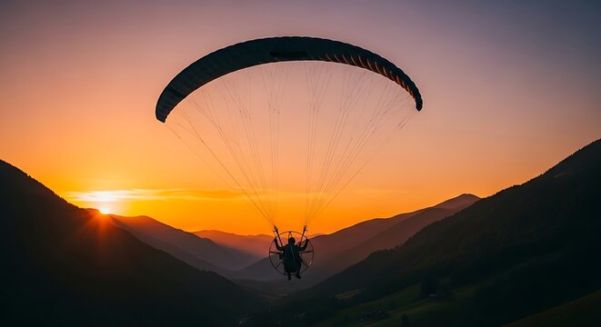 Silhouette of a paraglider soaring through the air at sunset over majestic mountain ranges capturing the vibrant glow of the sun s warm light and the