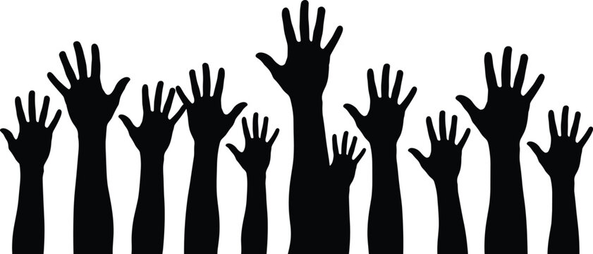 Black silhouette collection of diverse human hands raised up isolated on white background for volunteering teamwork and voting concept.