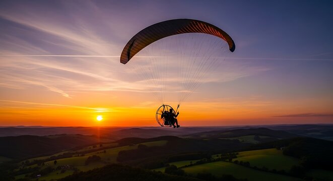 A silhouette of a paraglider soars through the air at sunset with the sun low on the horizon casting a warm glow over the landscape below