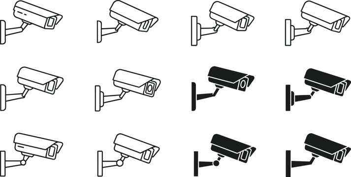 Surveillance security camera icon collection vector illustration design graphic, technology monitoring safety system art concept, black and white decorative creative set