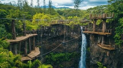 Fototapeta premium Serene Jungle Waterfall with Wooden Bridges and Nature Trails in Lush Green Forest Scene