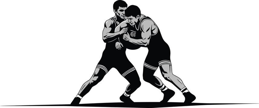 Wrestling athletes grappling silhouette vector illustration design graphic, sports competition fitness strength art concept, black and white decorative creative collection