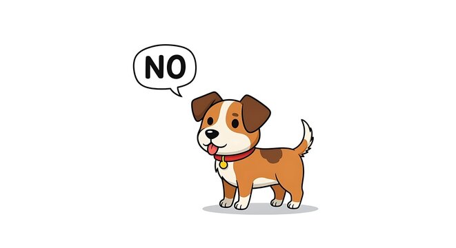 Dog saying no with speech bubble, cute cartoon illustration.