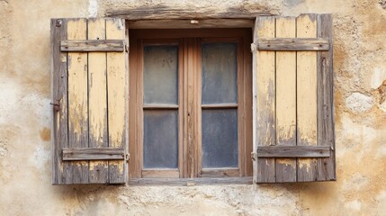 Fototapeta premium Rustic Window with Wooden Shutters on a Weathered Wall Featuring Soft Textures and Earthy Tones, Ideal for Vintage Aesthetic Projects