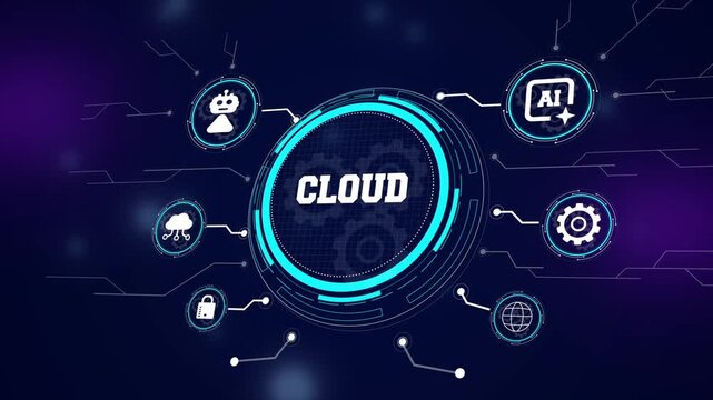 Conceptual visualization of cloud services and decentralized network, digital hud interface automation with smart server connectivity for tech industry