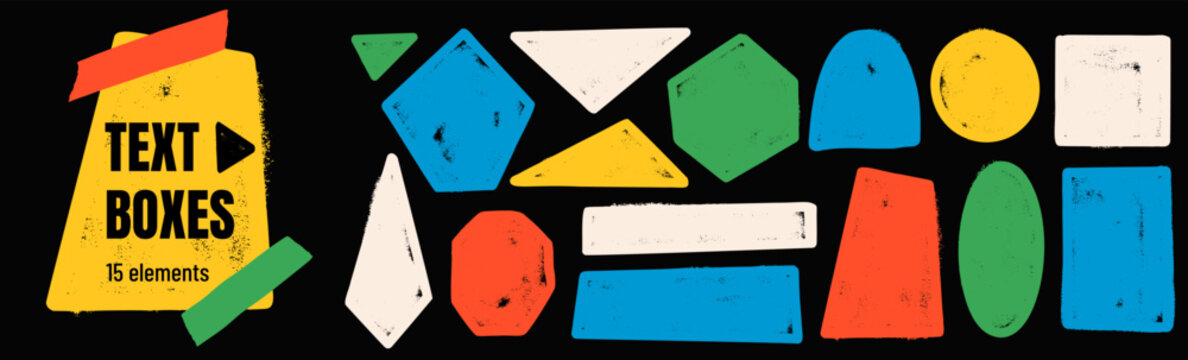 Bold geometric shapes on black with chalk and ink texture in red, blue and green. Geometry form callout set with triangle, arch, rectangle and oval. Hand drawn vector text box shape for sticker design