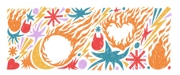 Obraz premium Crayon fire punk doodles elements set. Funky grunge texture flames handmade. Doodle fireball and burned heart icons. Scribbles pastel oil stickers collage. Vector naive simple scribble elements bg.