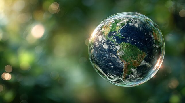 A vivid close-up of a transparent globe reflecting a lively, interwoven world with a focus on nature and technology