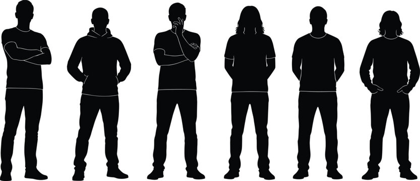 Diverse collection of young men standing in casual attire including hoodies and t-shirts with arms crossed for urban lifestyle.