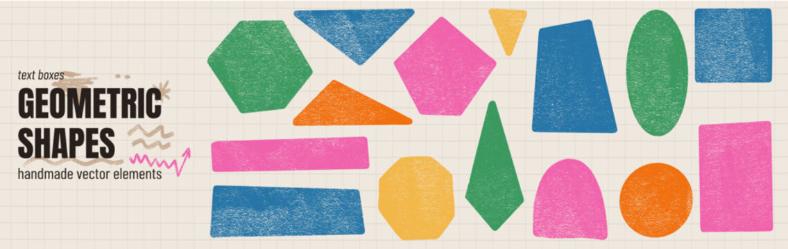Colorful school geometry shapes with crayon texture and ink grunge frame. Geometric shape set on grid background with triangle, hexagon and circle. Handmade school vector elements for sticker and tag.