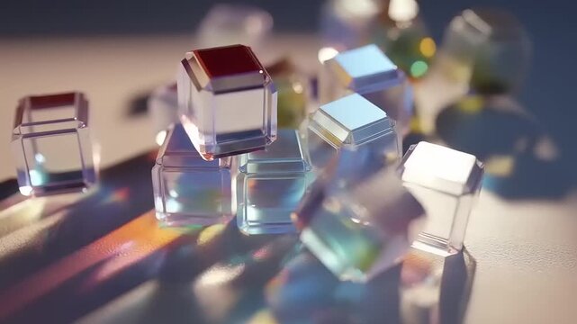 Abstract composition of clear glass cubes with colorful light refractions.