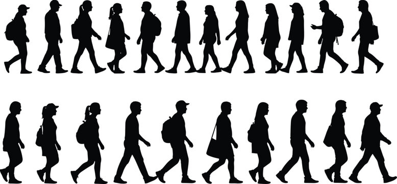 Large collection of diverse male and female silhouettes walking and commuting with backpacks and bags isolated on white background.