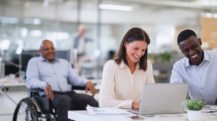 Obraz premium a female employee in her thirties is sitting at the table with a laptop and talking to two male office workers, one of them in a wheelchair. 