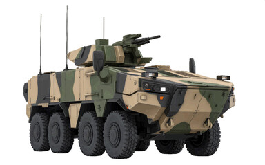 Fototapeta premium Camouflaged military armored vehicle with eight wheels and a mounted gun turret, presented in a three-quarter view on a white background. vector illustration for defense and army themes