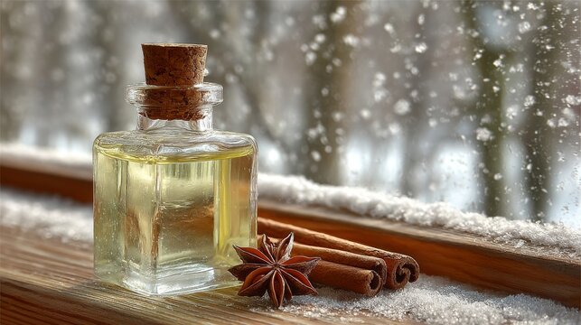 Inside a glass bottle of aromatic oil sits a star anise, accompanied by cinnamon sticks, ideal for cooking and drink recipes