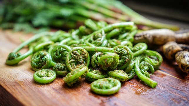 Fresh Fiddlehead Ferns on Wooden Surface as Cooking Ingredient