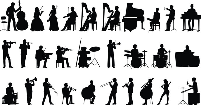 Silhouette collection of orchestra musicians playing classical and jazz instruments including violin piano drums trumpet and harp isolated on white background studio clipart