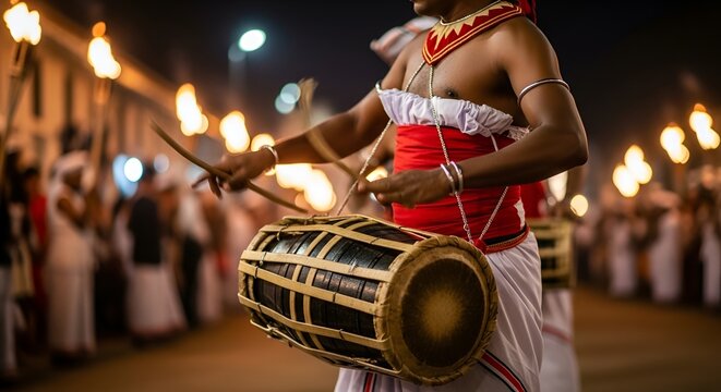 Dynamic motion shot of Kandyan Geta Beraya drummer performing in traditional Sri Lankan Perahera