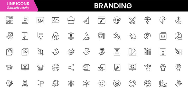 Branding icon set. Containing marketing, product, brand value, design, logo, brand development, social media, advertising and loyal customers icons