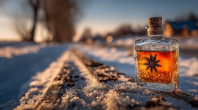 A glass bottle of scented oil includes a star anise and cinnamon sticks, designed for use in food and drink recipes