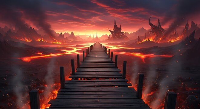 Dramatic bridge over lava landscape under fiery sky.