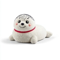 Fototapeta premium Adorable White Plush Seal Toy with Red Collar on White Background