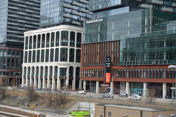 Naklejka premium facades and signage at The Well a mixed used shopping business and condominium complex at 486 Front St W, Toronto