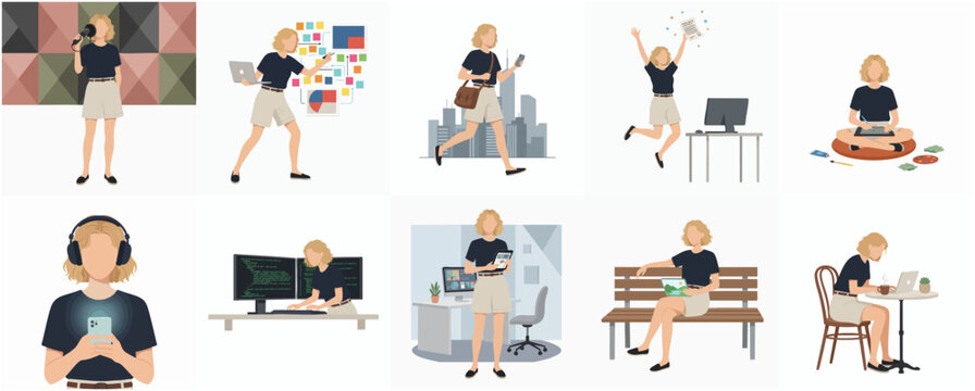 Flat Blonde Woman Various Activities and Poses in Office and Lifestyle Set