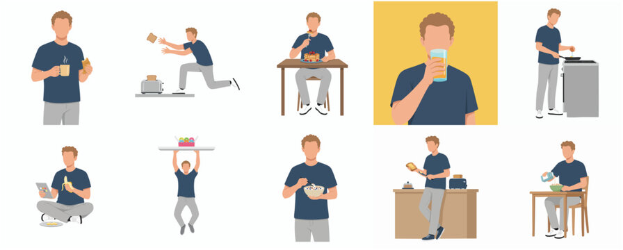 Flat Character Illustration of Man in Various Daily Activities and Mealtime