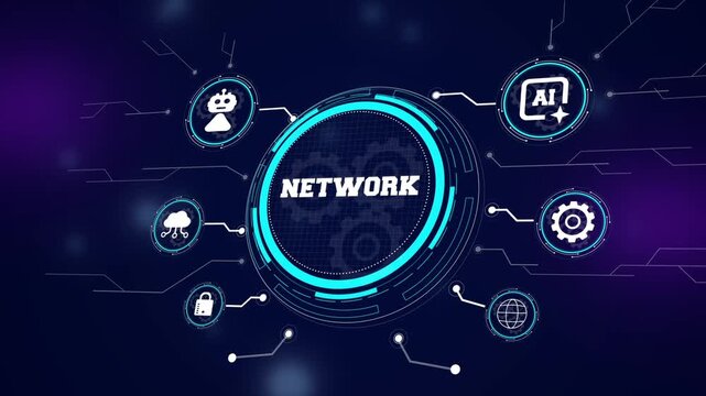 Digital network grid visualization with a technical hud interface, showcasing interconnected nodes and global data transmission for telecommunication ads