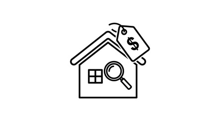 Fototapeta premium An outline drawing of a house with a magnifying glass and a price tag.