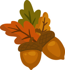 Cluster of acorns with colorful autumn leaves in flat illustration style perfect for seasonal graphics, harvest designs © PinkBirdDesign