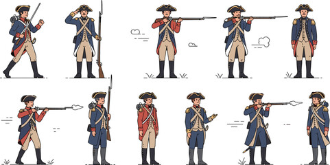 American revolutionary soldiers vector illustration set with colonial army uniforms, muskets and historical characters, USA independence war collection design