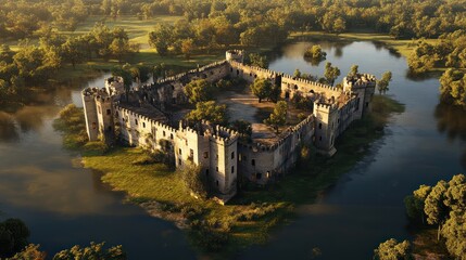 Fototapeta premium Aerial View of an Abandoned Castle Surrounded by Lush Green Forest and Tranquil Water Bodies at Sunrise