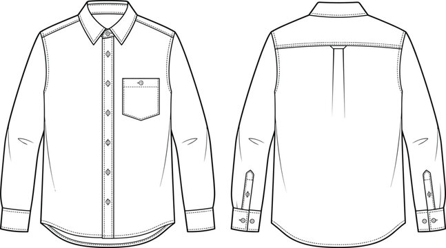 Long sleeve button up shirt technical flat sketch vector illustration design, apparel fashion garment construction art concept, detailed decorative creative collection