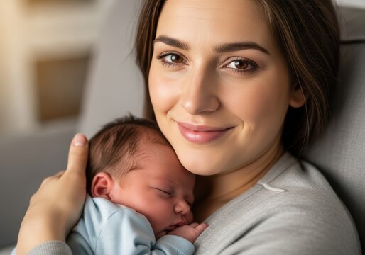Mother holding a sleeping newborn baby close with a gentle smile