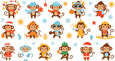 Fototapeta premium Cute monkey seasons vector illustration set with cartoon animals in winter, summer, autumn and spring outfits, playful characters for kids design