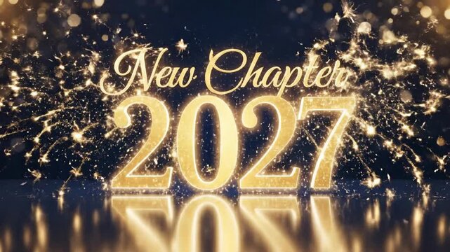 New chapter 2027 golden text animation with shimmering particle effects and glowing bokeh background for luxury holiday