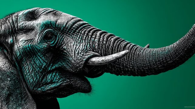 An eye‑catching elephant portrait on a rich green backdrop, illustrating the awe‑inspiring and beautiful nature of wildlife within its habitat