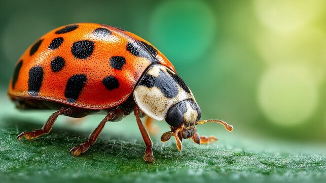 A bright ladybug moves along a green leaf, the background softly out of focus, revealing the elegance of nature and its small delights