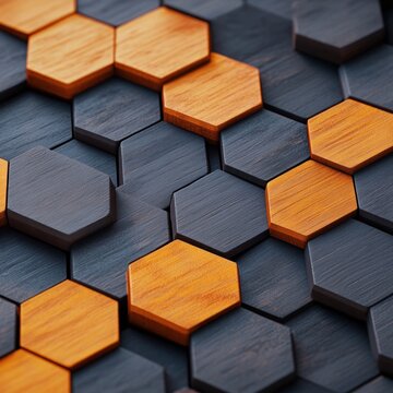 Abstract geometric pattern of dark and light wooden hexagons.  A close-up view of interlocking hexagonal shapes, alternating between dark and light wood tones