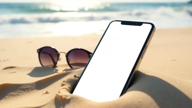 A smartphone with a blank screen is partially buried in sand next to a pair of sunglasses. The background features a beach and ocean waves.