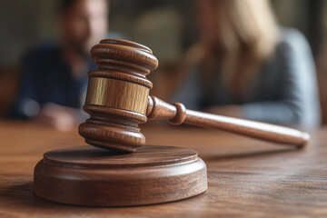 Courtroom gavel in focus with a blurred man and woman during a legal dispute. Divorce and family law concept.