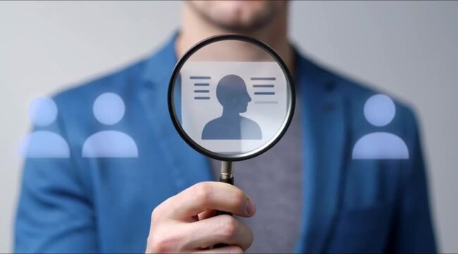 A man in a blue suit holds a magnifying glass over a video showcasing people icons and a profile picture.
